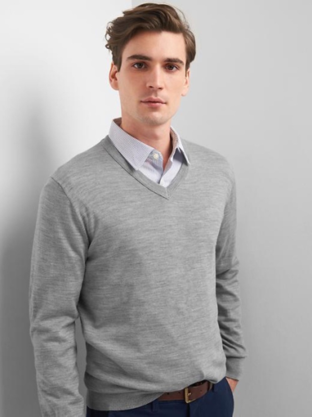 GAP Extra Fine Merino Wool V-Neck Sweater Heather Gray Grey Men's XL
